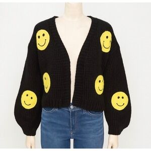 Luna Ivy Smiley Face Cardigan Womens XS Black Yellow Knit Sweater Emoji Cottage